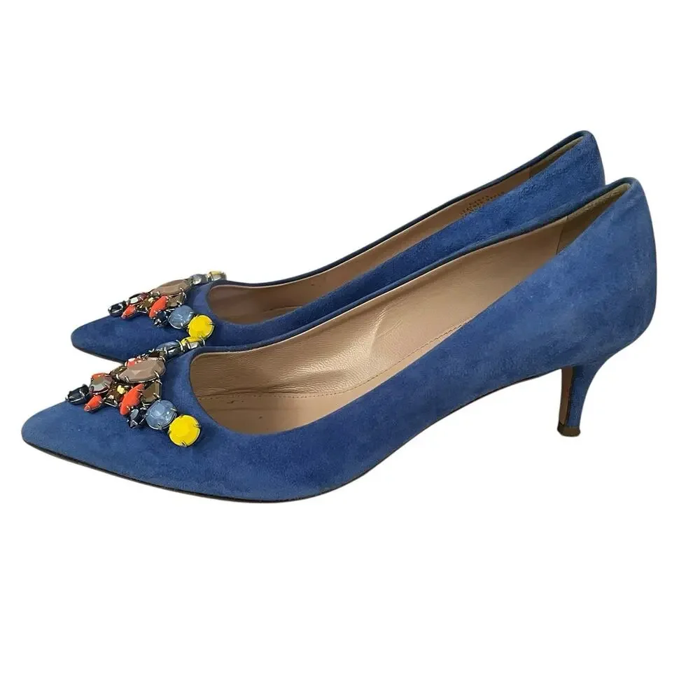 J Crew COLLECTION Dulci Suede Kitten Heels Women’s Size 7.5 Jeweled Blue Italy